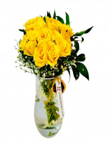 15 Sarı Gül Cam Vazoda
