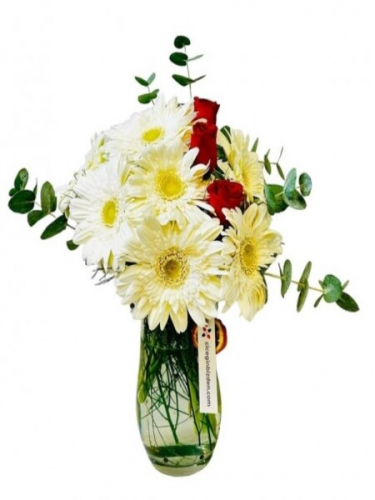 Cam Vazoda Beyaz Gerberalar ve Güller