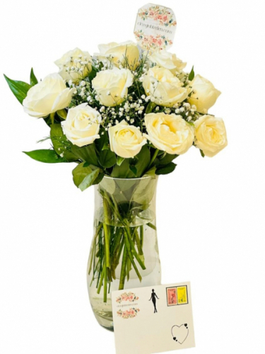 Cam Vazoda 11`li Beyaz Gül