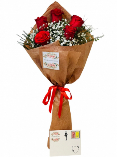 Kıvrışık Kağıtta 5 Kırmızı Gül Buket