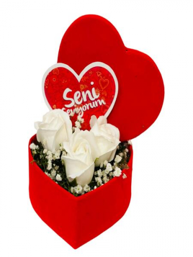 Kırmızı Kalpli Kutuda Beyaz Güller